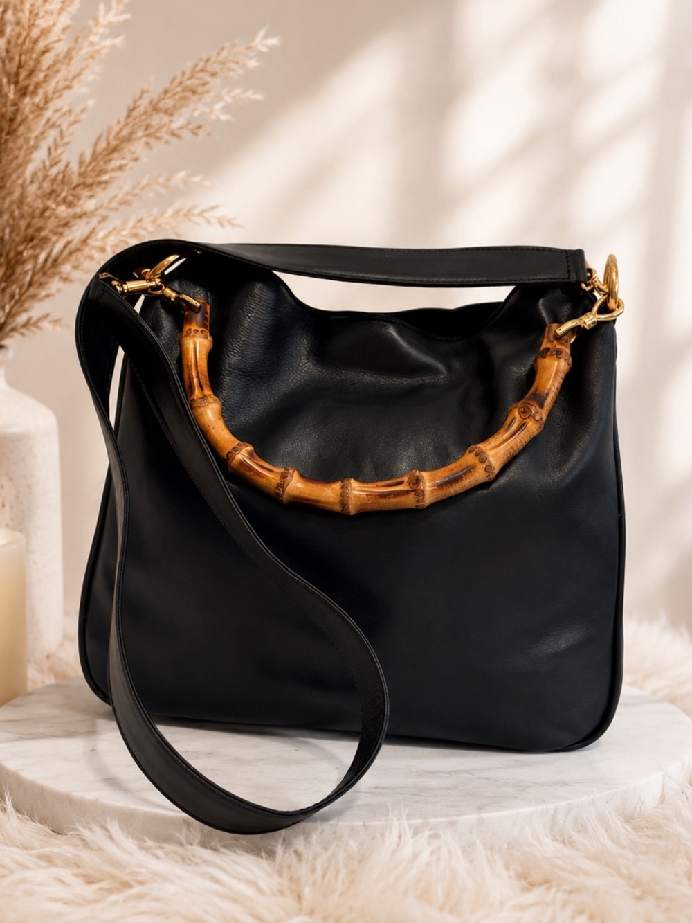 Gucci • Bamboo Black Leather Shoulder Bag Gold Hardware